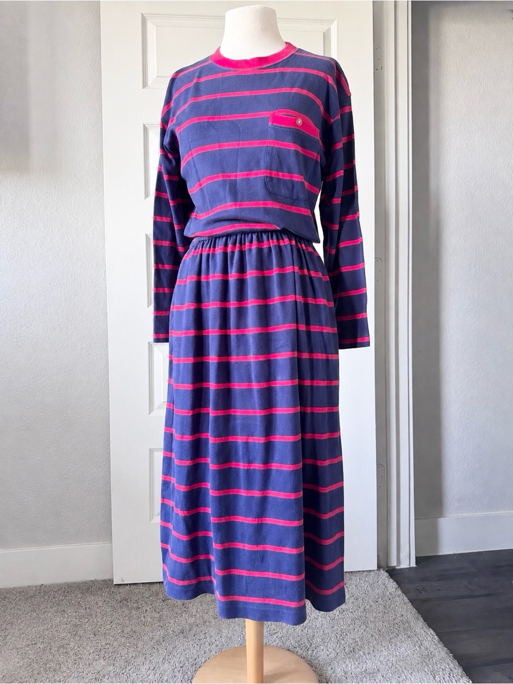 Vintage 90s Eddie Bauer Striped Cotton Midi Dress M Navy Pink/Red